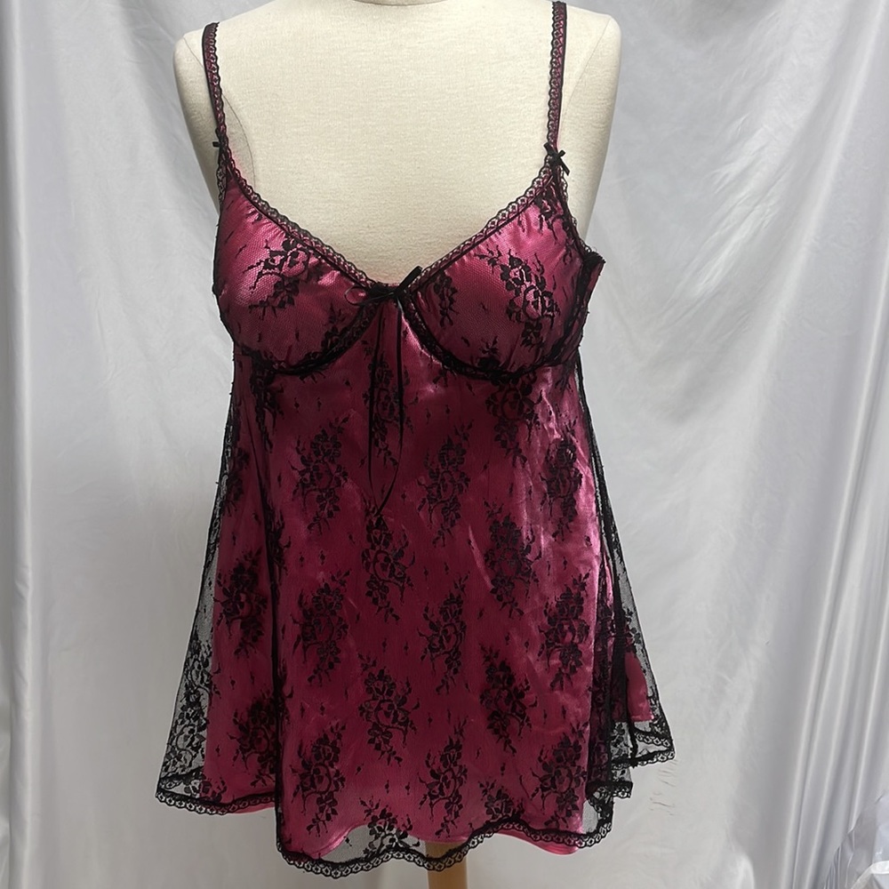Movie Star Pink Satin Black Lace Sexy Lingerie Size XL